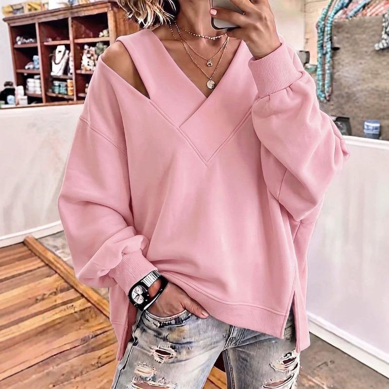 Women S Solid Cross Collar Long Sleeve Loose Fit Sweatshirt