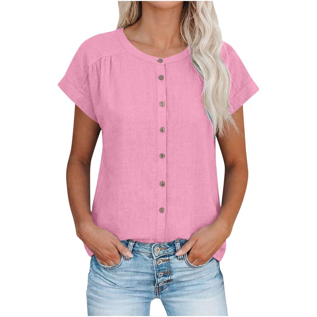 Women's Loose-Fit Short-Sleeve -Color -Neck Drop-Shoulder Casual Top