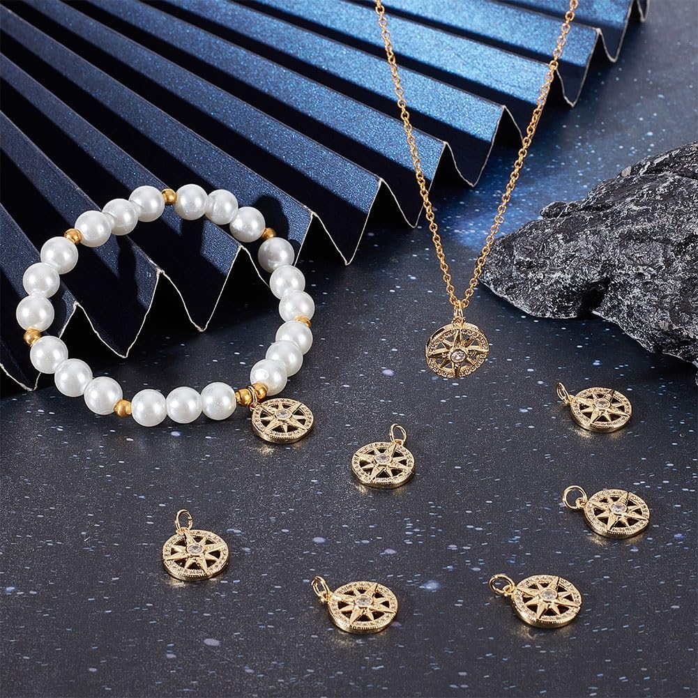 Beebeecraft 1 Box 10Pcs Compass Charms Micro Pave Cubic Zirconia Crystal Stone Golden Flat Round Pendants 13x16x3mm for DIY Jewelry Making Findings