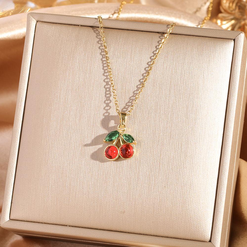Fashion Zircon Cherry Pendant Titanium Steel Necklace Women's Collarbone Chain Jewelry