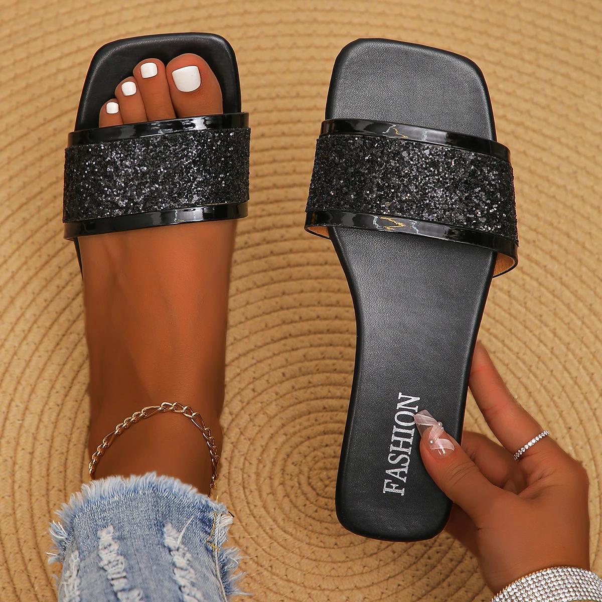 

Летние женские тапочки, модные плоские шлепанцы с открытым носком, женские роскошные мюли, пляжные тапочки, повседневные сандалии с квадратным носком, Zapatos De Mujer 37