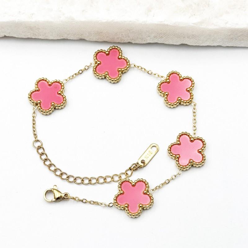 Titanium Steel Flower Bracelet Women Hypoallergenic Dual-Sided Design Colorful 5-Petal Floral Charm Elegant Daily Wear