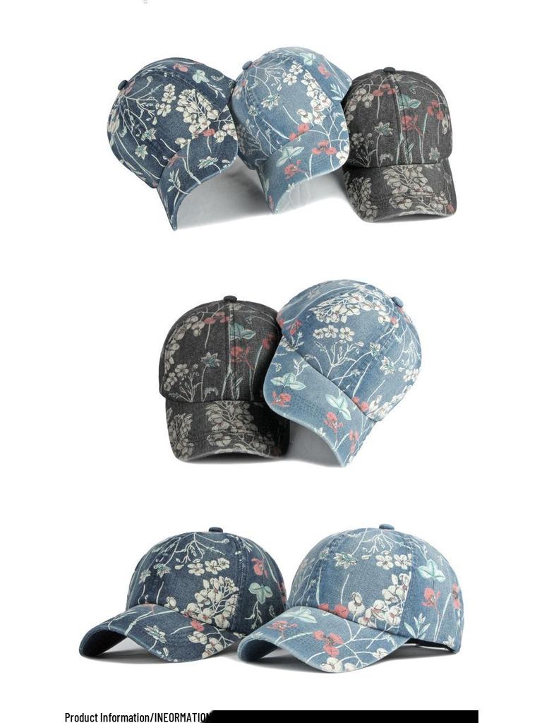 Damska etniczna dżinsowa czapka baseballowa w kwiaty - ochrona przed słońcem, kaczy dzióbek na wiosnę/lato