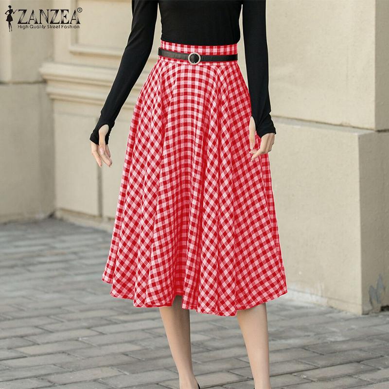 ZANZEA Womens Casual Plaid Print Loose A-line Long Skirts
