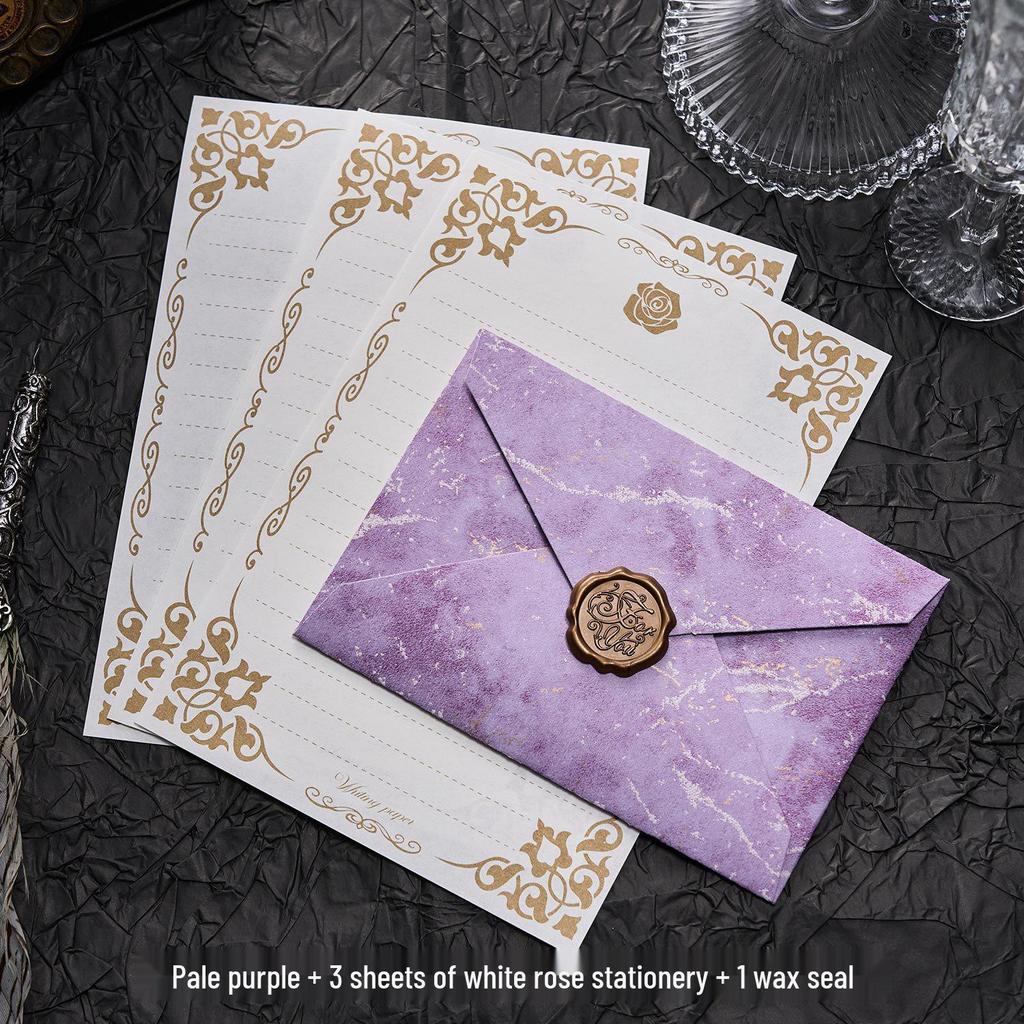 Gilded Envelope & Letter Paper Set - Embossed Texture, Straits Style, Handwritten Love Letters with Wax Seal for Valentine's Day