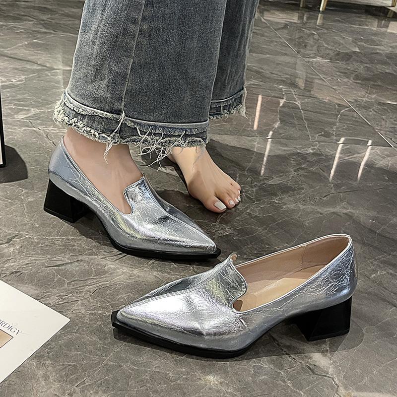 Elegant Chunky Women Shoes Pointed Toe Mid Heels Leather Fashion Sandals Pumps 2025 Trend Spring Dress Party Mujer Zapatillas