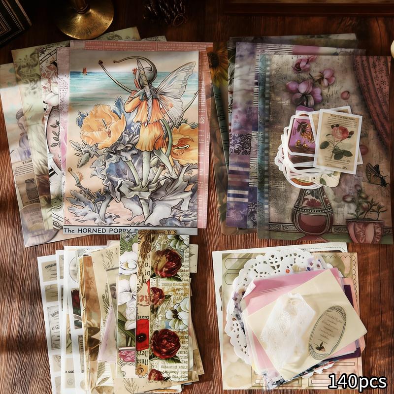 Vintage Scrapbook Stickers Set 140 Sheets Mixed Paper Material, Handmade Journal Supplies Perfect DIY Crafts and Bullet Journals