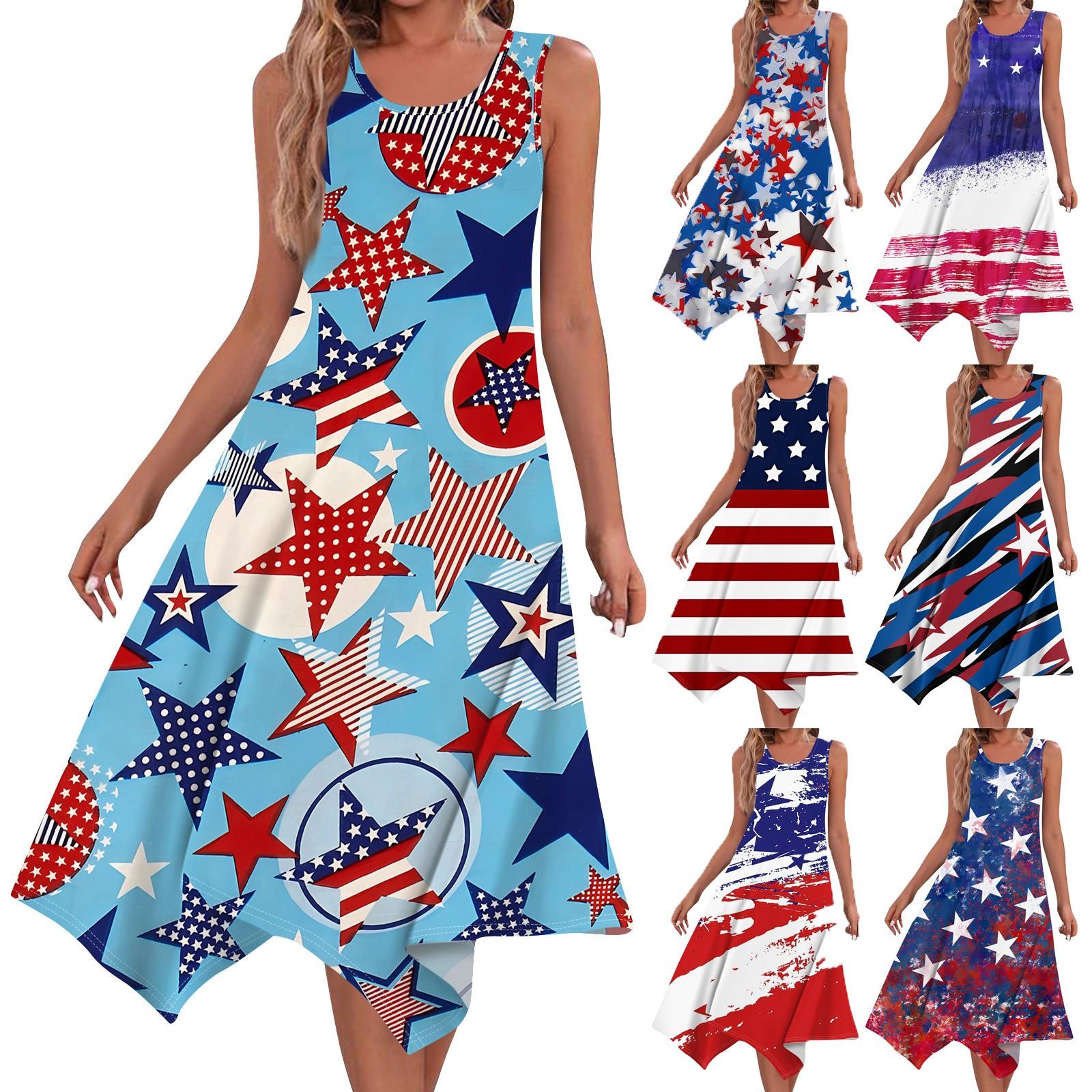 

Женское повседневное модное платье миди без рукавов с круглым вырезом и принтом в честь Дня независимости и нерегулярным подолом XL синий