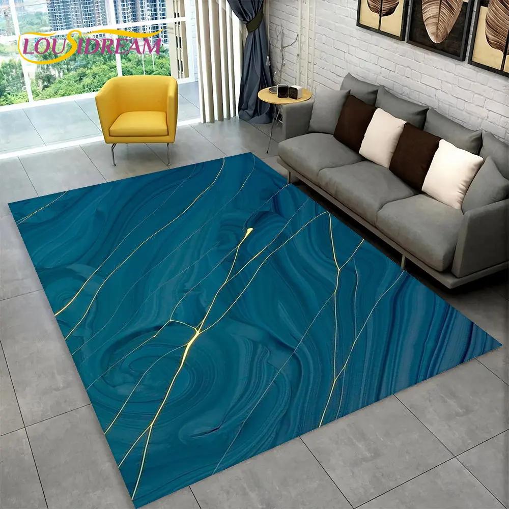 Nordic Blue Golden Colour Marble Geometric Area Rug,Carpet Rug for Living Room Bedroom Sofa Doormat Decor,Kid Non-slip Floor Mat