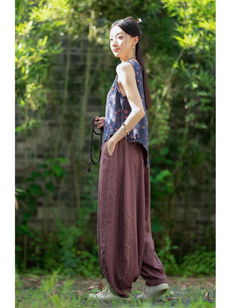 Women's Artistic Retro Loose Cotton Linen Pumpkin Patchwork Lantern Pants