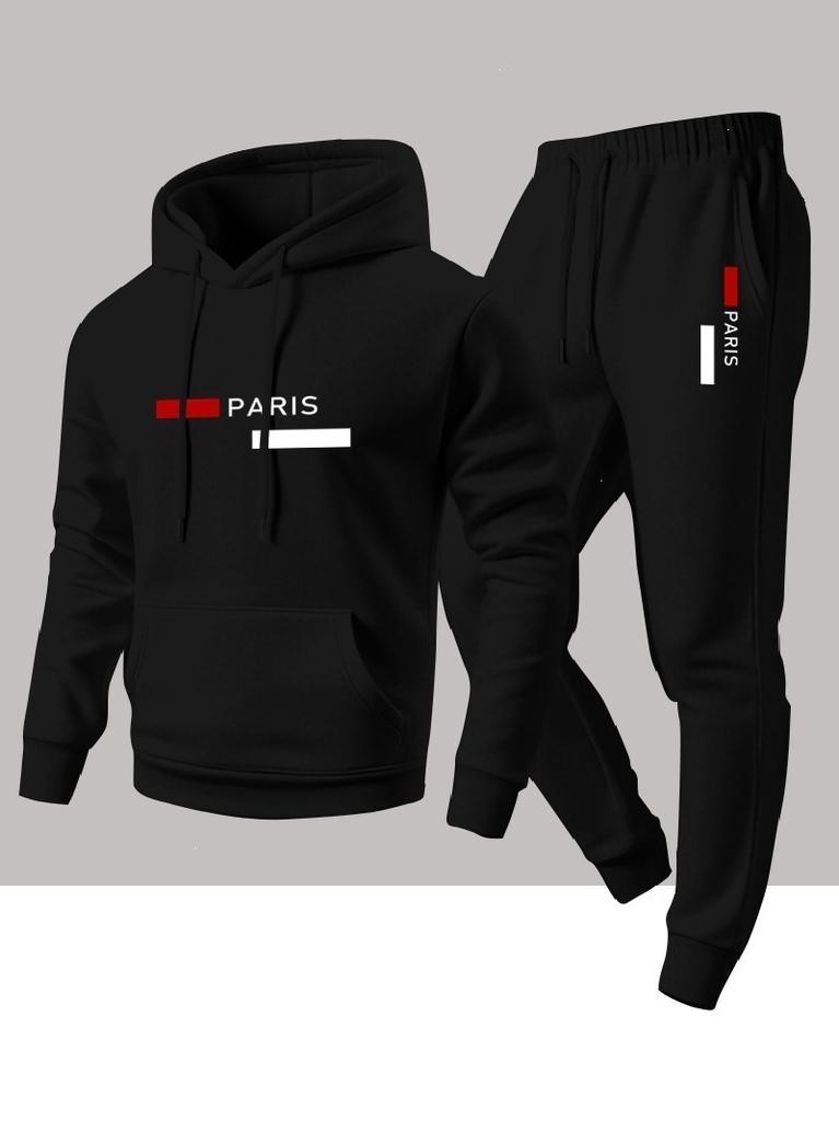 Herren Freizeit Sportanzug Mode PARIS Buchstaben Druck Kapuzenpullover Hose Zweiteiliges Set