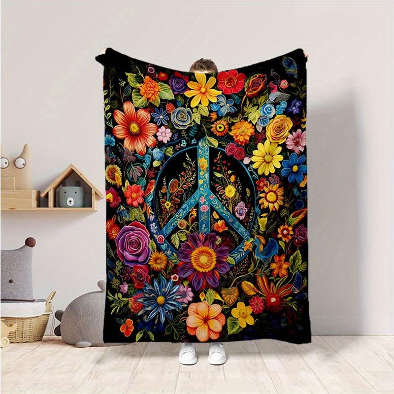 

Peace Sign Floral Print Blanket -Vibrant Multicolor Flowers,Soft Cozy Throw for Bedroom Decor,Unique Hippie Style Home Accessory 75x90cm
