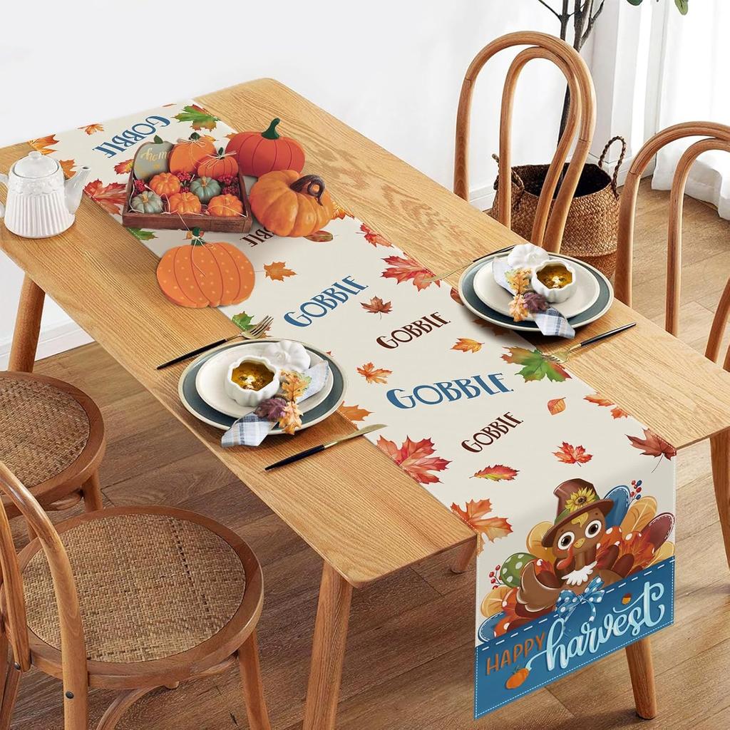 Bonhause Turkey Thanksgiving Table Runner 13x90 Inch Fall Autumn Maple Leaves Gobble Happy Harvest Kitchen Dinning Table Decoration for Indoor