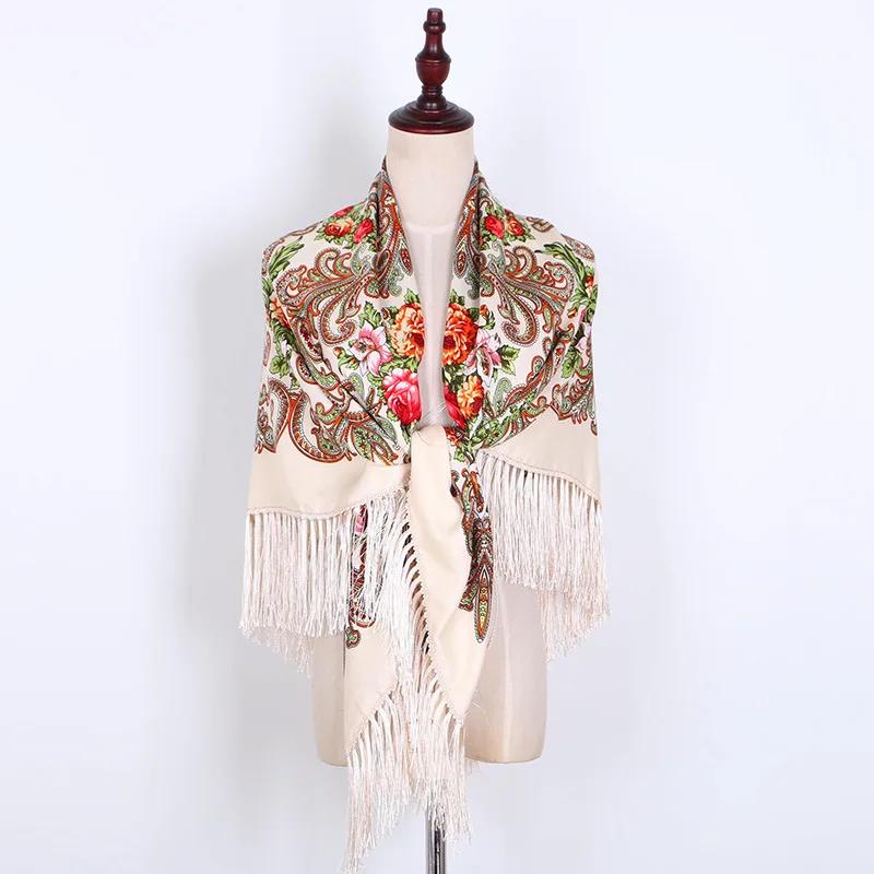 Floral Printed Bohemian Scarf Fringed Shawl Headscarf Russian Babushka Scarves Women National Muslim Head Wrap Square