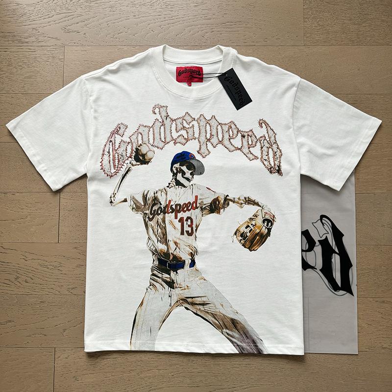 The newly trendy Godspeed Skull Rock Band crew neck washed black short-sleeve T-shirt matching couple's style