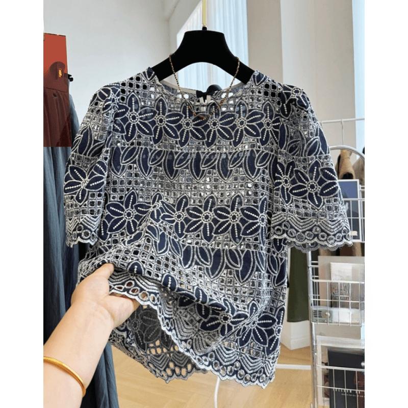 Summer Lace Hollow Out Short Sleeve Round Neck Blouse Women Elegant Embroidery Loose Fit Youthful Shirt