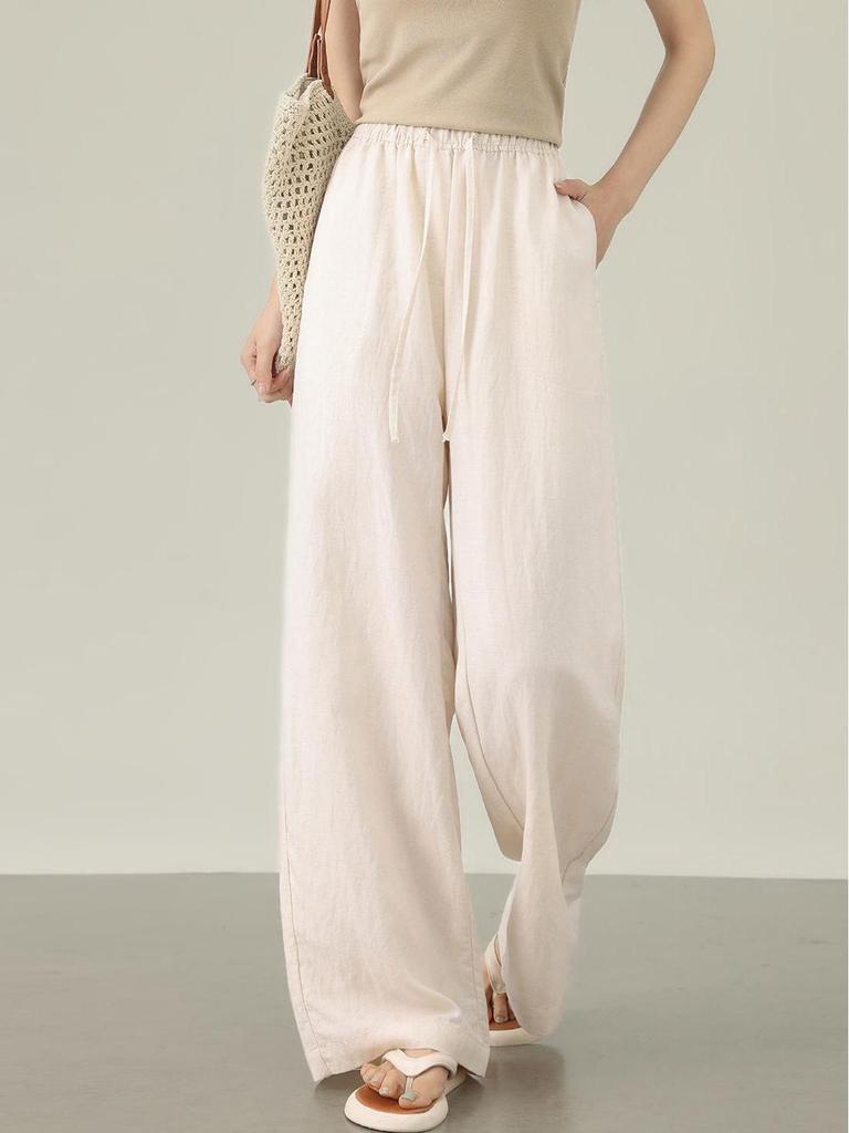 Women's Dark Blue Tencel Linen Anti-Wrinkle High Waist Wide Leg Pants - Summer Cool Thin Straight Leg Design
