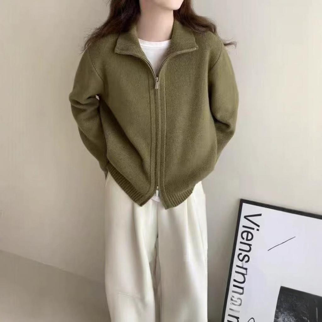 Loose Fit, Sweater, Coat, Women's, Double Zipper, Stand Up Collar, Knit, Cardigan