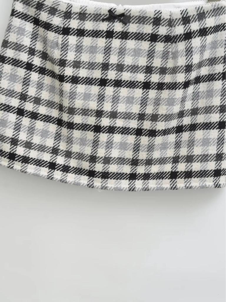 Retro Plaid Low-Waist A-Line Mini Skirt with Bowknot - Women's Autumn/Winter Hip-Hugging Skirt