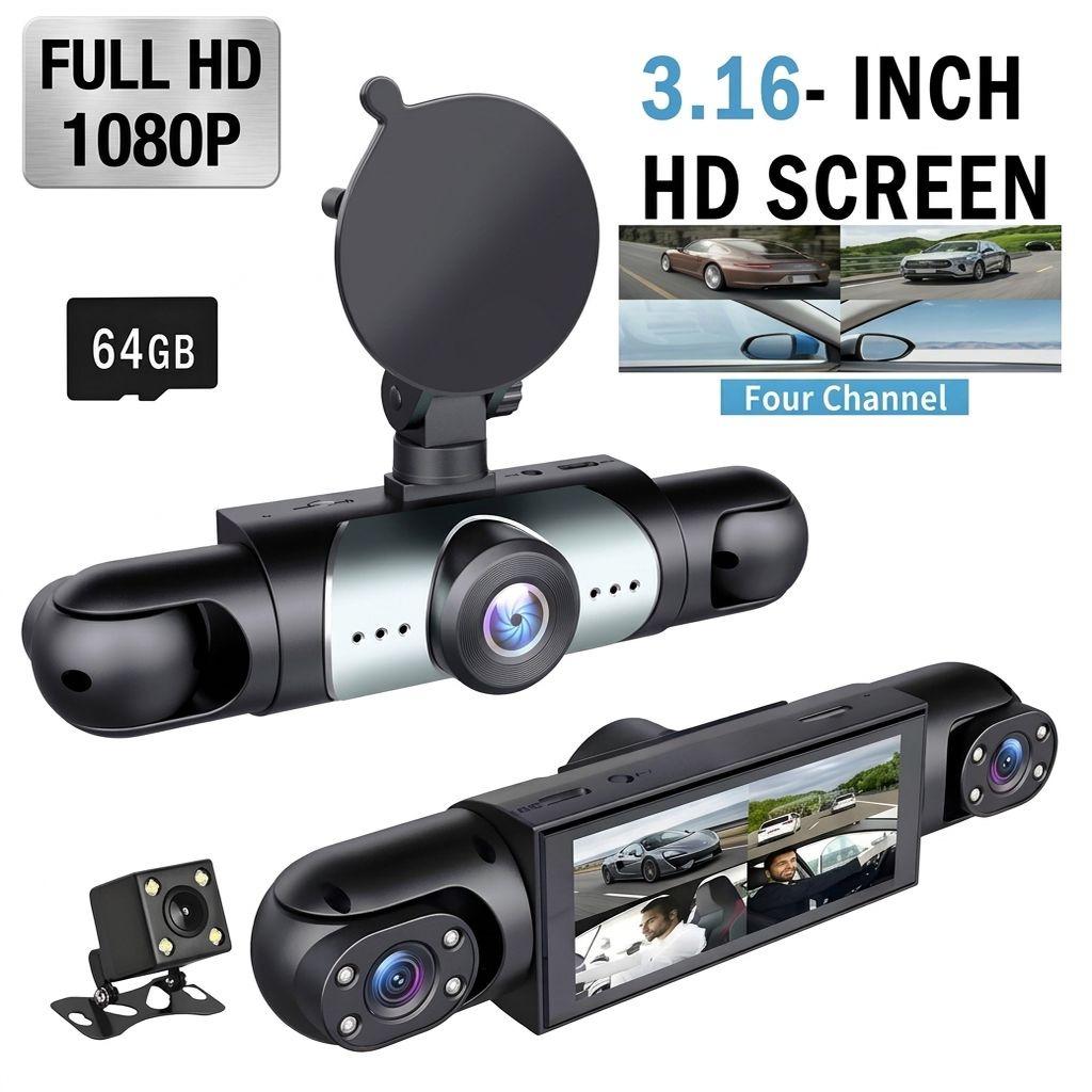 4-Channel Dash Cam 1080P 360° Full View, Car Driving Recorder with App 64GB Card