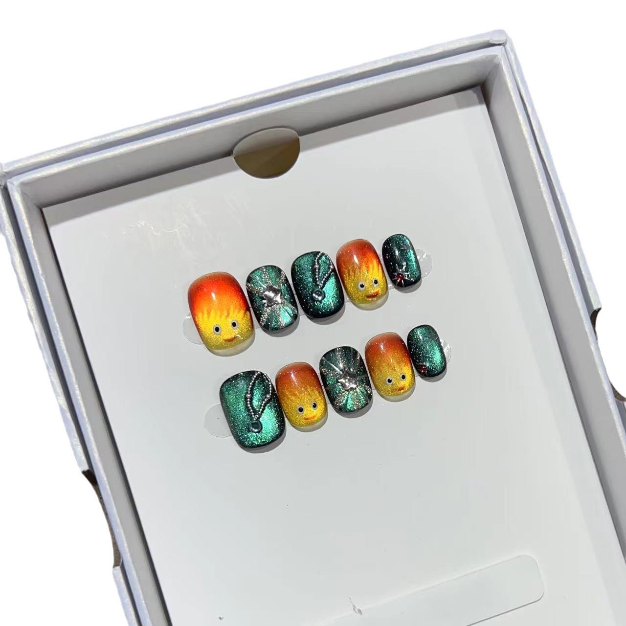 

Расписанная вручную броня Милый маленький дьяволенок Маникюр Кошачий глаз Четырехконечная звезда Ожерелье из стальных бусин Накладные ногти Large L