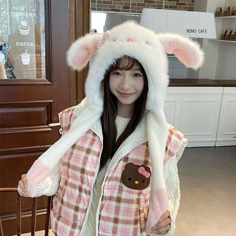 Nová kreslená huňatá vlněná čepice s beránkem pro ženy k zahřátí, stiskněte uši a posuňte kryt uší, abyste zabránili chladu