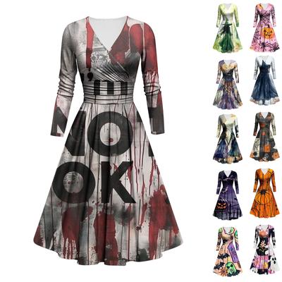 Vestido Casual de Moda para Mujer con Cuello en V, Volantes, Manga Larga, Estampado de Halloween, Corte Entallado