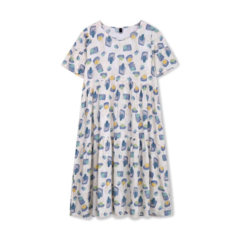 1011 new nightdress full cotton silk three-section short-sleeved long dress home round neck flower cartoon skirt enlarged and loose