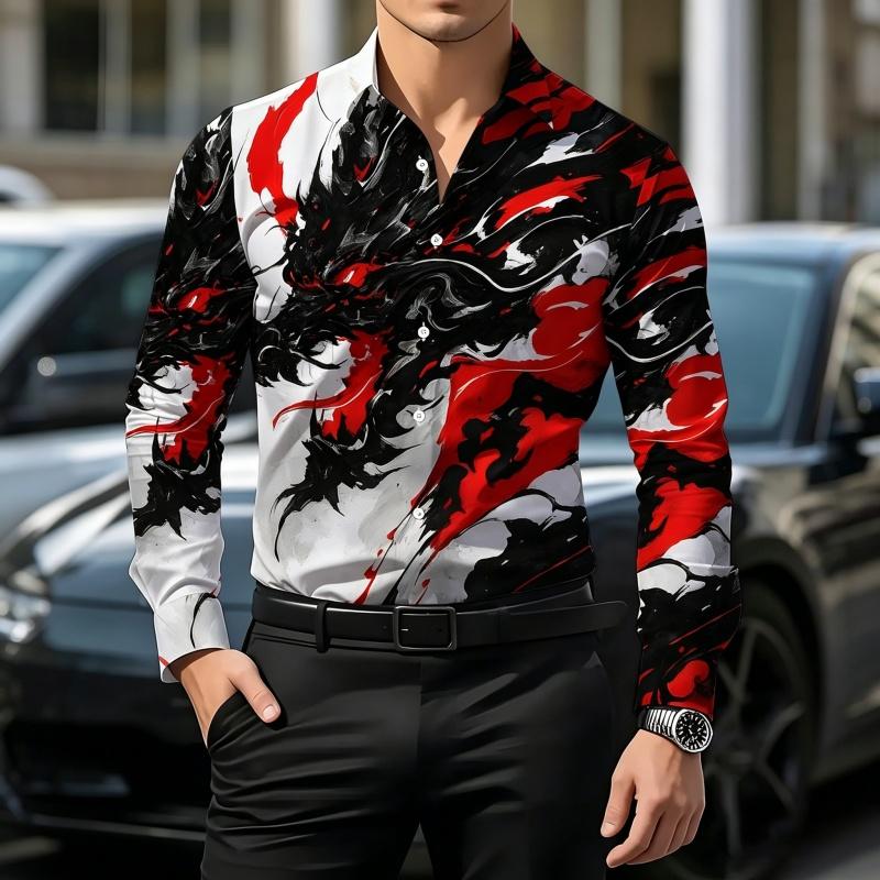 Street style men's shirt, personalized printed shirt, black base floral slim fit long sleeved business casual versatile top