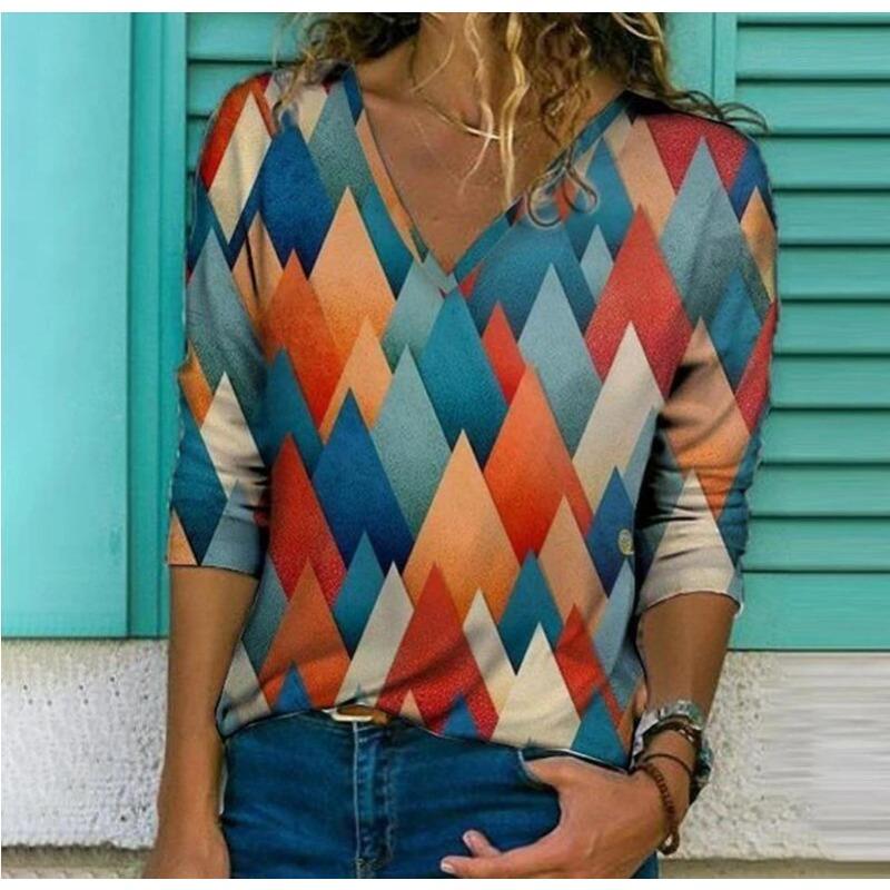 V-neck 3D Printed Top Fashionable Casual Long Sleeved Women's T-shirts