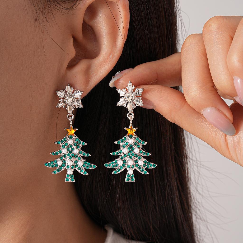 Christmas Diamond Imitation Pearl Snowflake Christmas Tree Silver Needle Earrings Premium Earrings