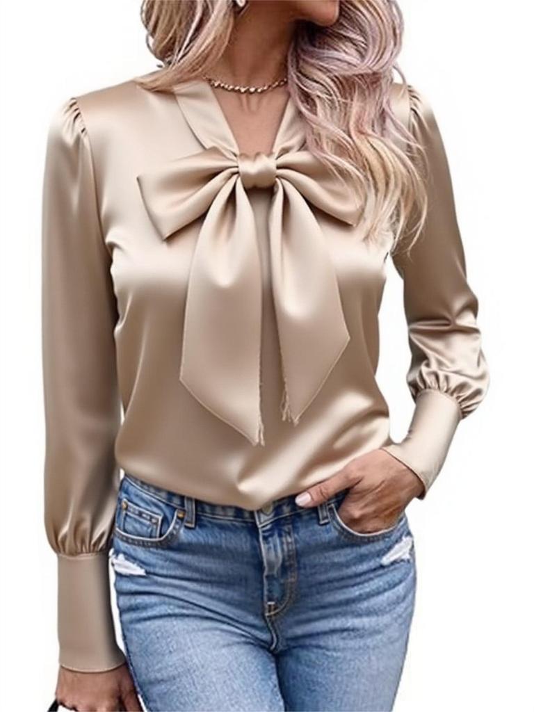 2025 Autumn Bow Satin Long Sleeve Women's Casual Solid Shirt