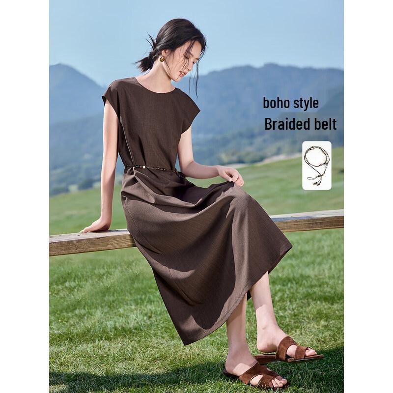 Women s Retro Minimalist Belted High-Waist Cap Sleeve A-Line Midi Dress S