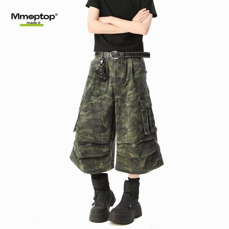 Summer pocket wide-leg camouflage tooling shorts men's and women's new loose casual cropped pants