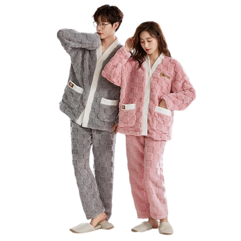 Matching Long Open Top and Bottom Set D.IIZOO Pajamas, Sleeves, Front, Winter, Fluffy, Warm, Cute, Thick, Loungewear, (Size L, Gray)