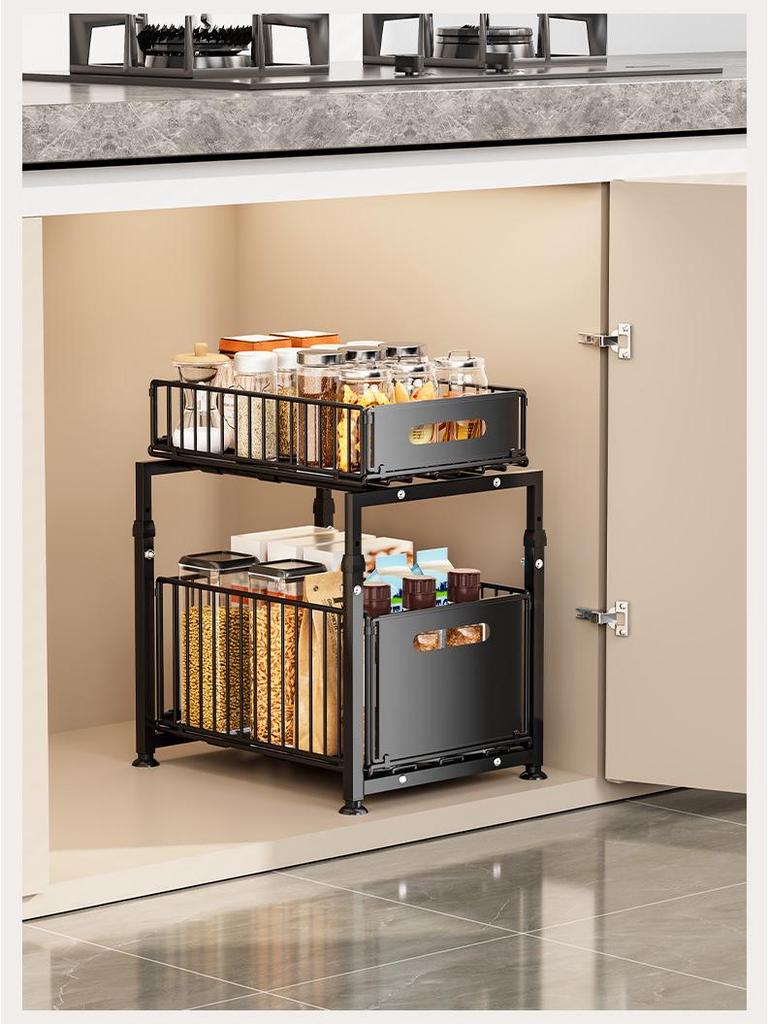 Double-Layer Pull-Out Basket Storage Rack for Under-Counter Bathroom and Kitchen