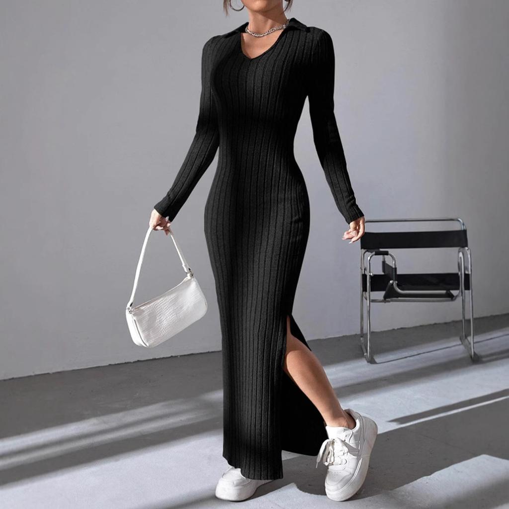 Orange V-Neck Long Sleeve Knit Bodycon Midi Dress with Side Slit
