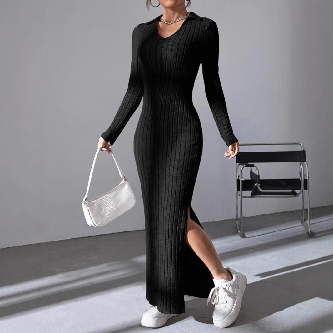 

Orange V-Neck Long Sleeve Knit Bodycon Midi Dress with Side Slit S чёрный
