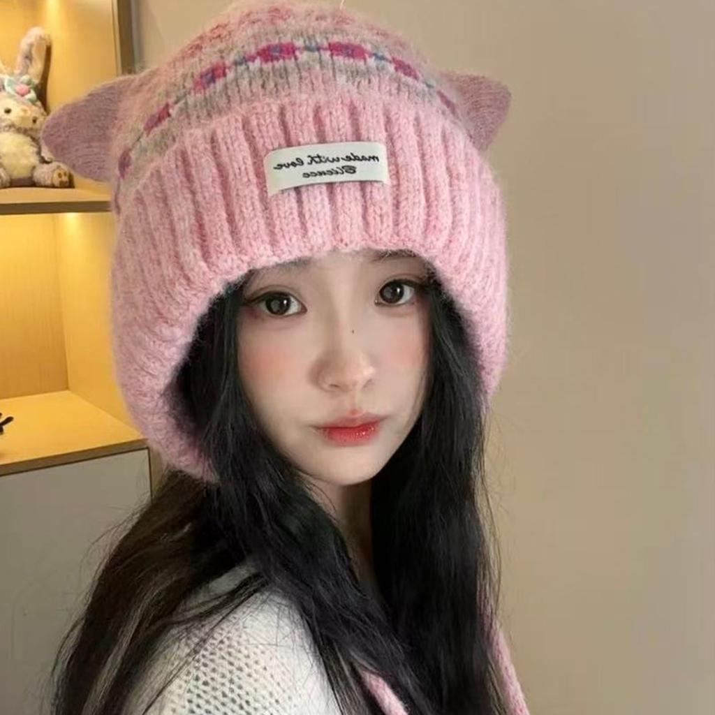 2025 new retro jacquard cat ears knitted hat women's winter velvet cold-proof ear protection cute warm wool hat