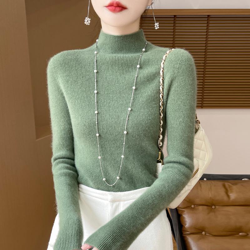 Damski sweter z wysokim dekoltem, dopasowany, z imitacji wełny - rozciągliwa dzianina, warstwa bazowa na jesień/zimę