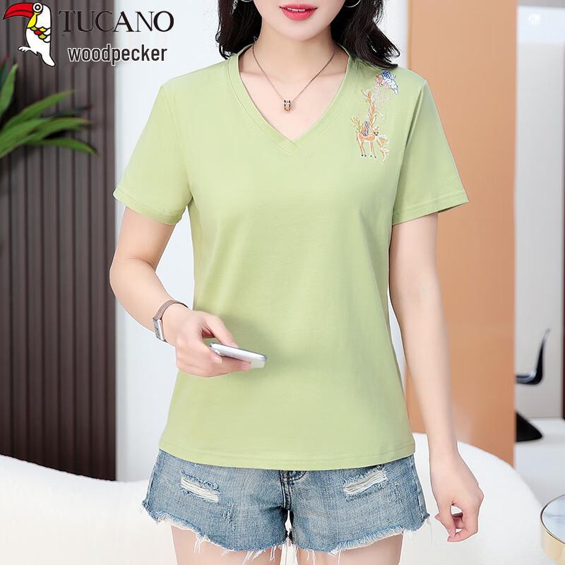 Woodpecker Women s Embroidered V-Neck Cotton T-Shirt 2XL