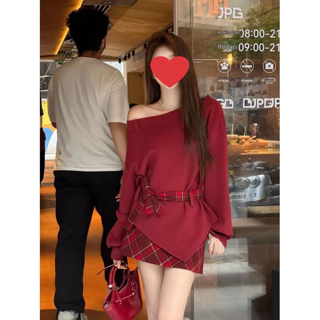 Korean-Style Off-Shoulder Top & Plaid Mini Skirt Set - Playful, Irregular Design for Women