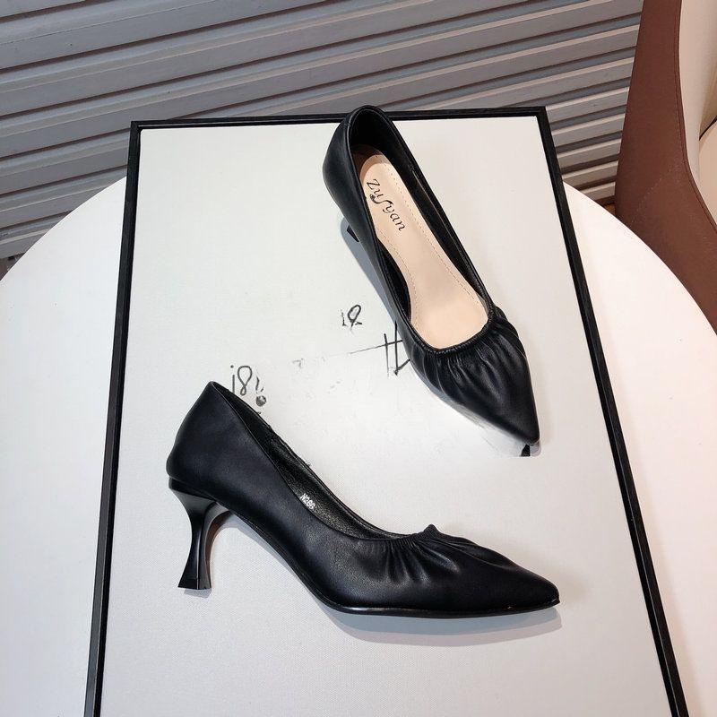 Korean Version of the New Gentle Fairy Wind Pleated Shoes Pointed Head Shallow Mouth Thin Heel Single Shoes Women's Versatile Soft Leather High Heels