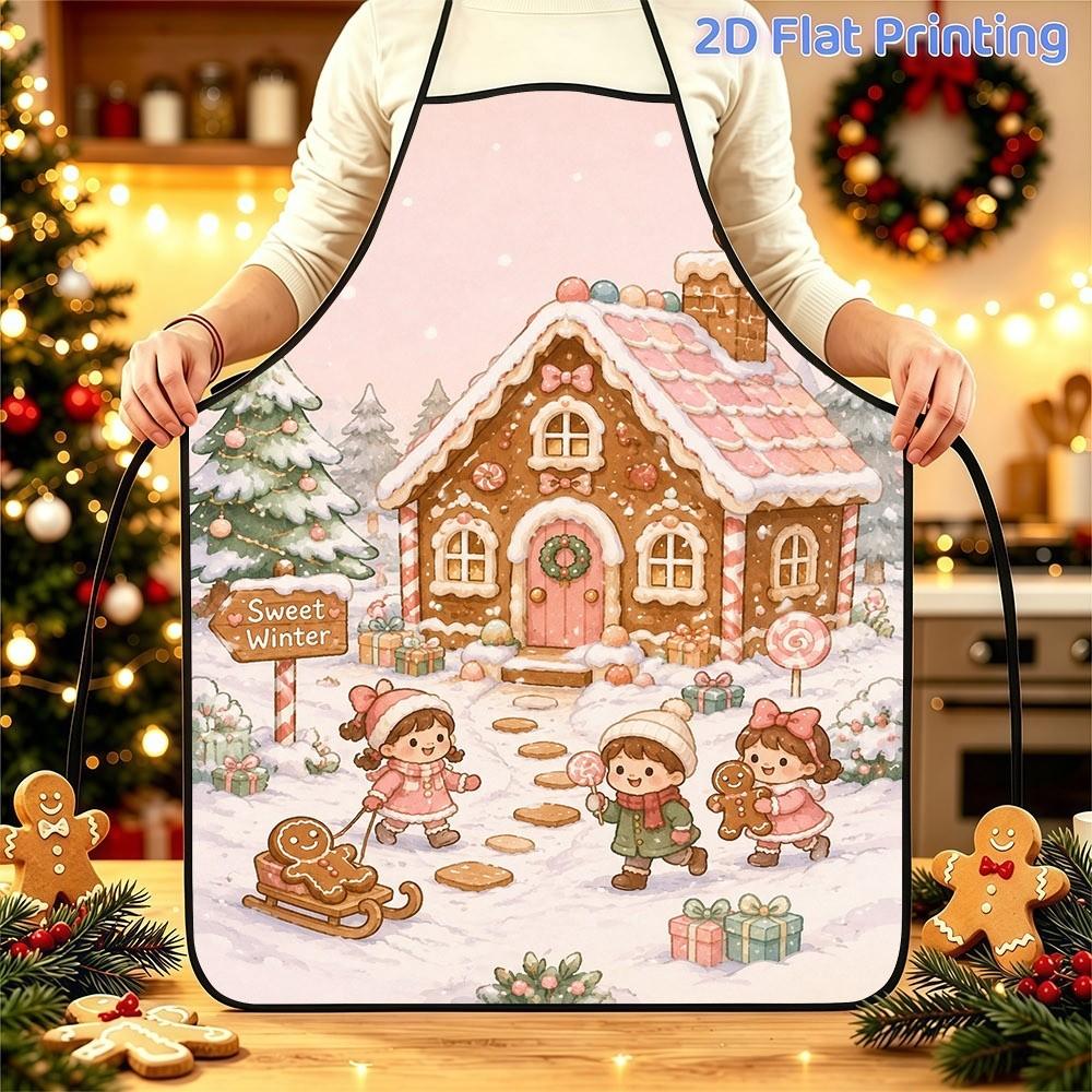 1pc 2D Printed Winter Gingerbread House Christmas Apron with Adjustable Waistband, Polyester Material, Size 51.99 cm X 73.0 cm, Festive Decorative Apr