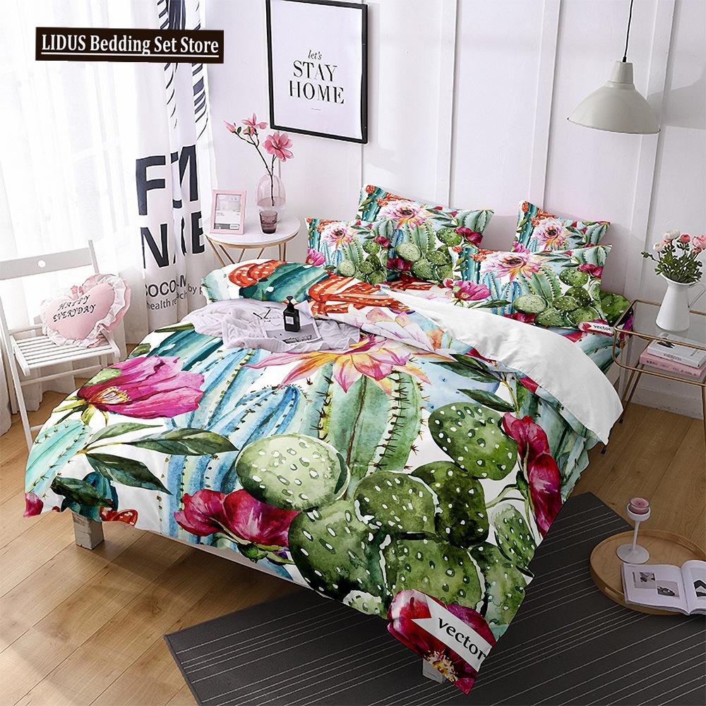 Cactus Duvet Cover Set King Queen Size Tropical Botanical Garden Print Green Plant For Girls Boys Teen Polyester Bedding Set
