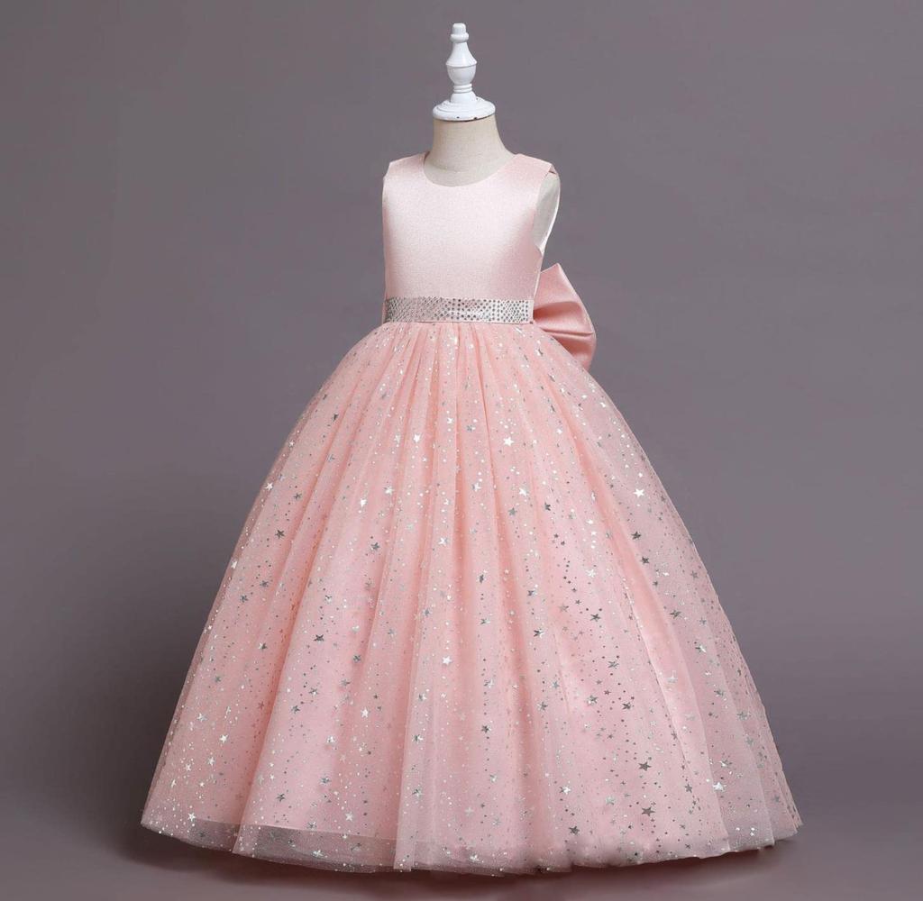 VIISEN Dress for Piano Formal Dress with Bow and Junior Long Dress with Star Suitable for and Size Children's Recitals, Girls' Ribbon, Pattern, Stage,