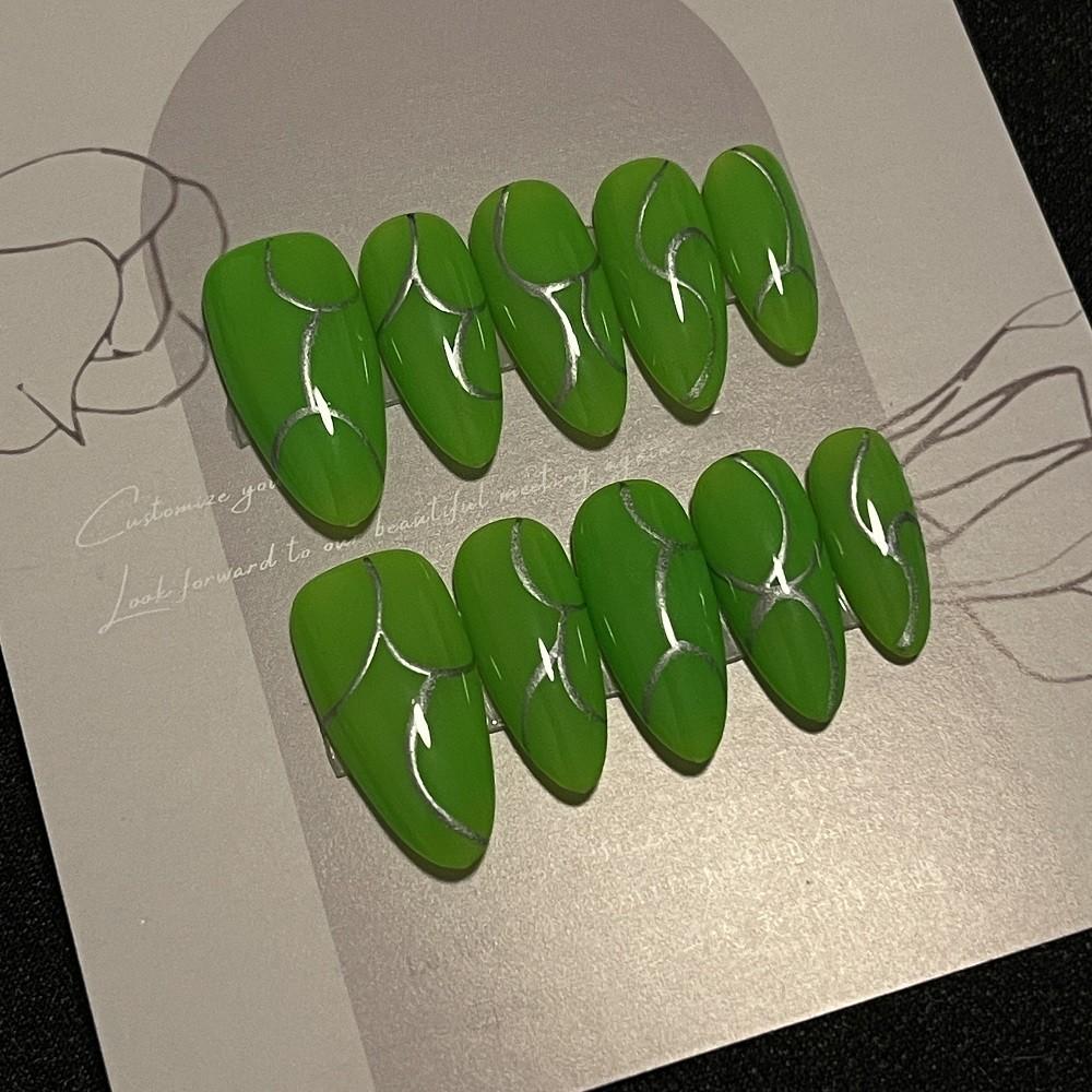 HANDMADE Artificial Nail Green Almond Nail Style Modern Stripe Phototherapy Nails Fake Nails Reusable and Removable Nails