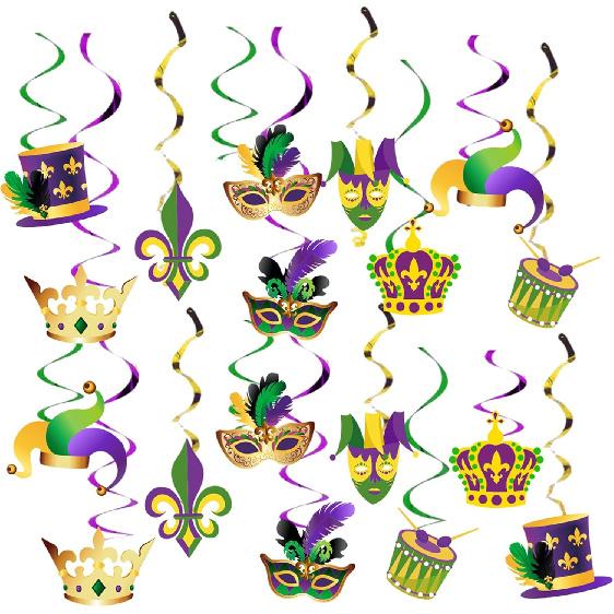 Mardi Gras Hanging Swirl Decorations - 36Pcs Mardi Gras Crown Mask Ceiling Hanging for Masquerade Party Decorations Gold Green Purple Foil Swirl New