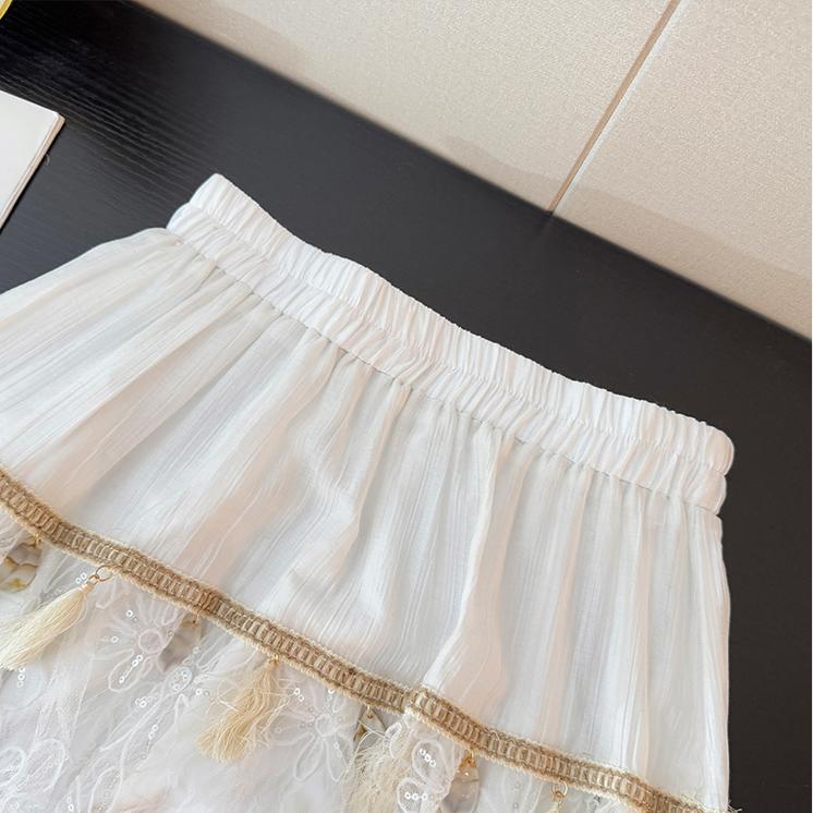 Dimanaf 2025 Summer Women White Skirts Lace Vintage Elastic Pleated Elegant Long Skirts New High Waist