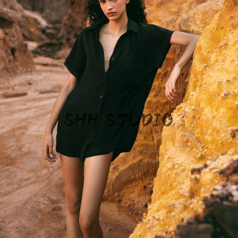 Summer New Product Women's Clothes French Style Design Flap Neckline Pocket Decoration Short Sleeve Drape Jumpsuit 6929284